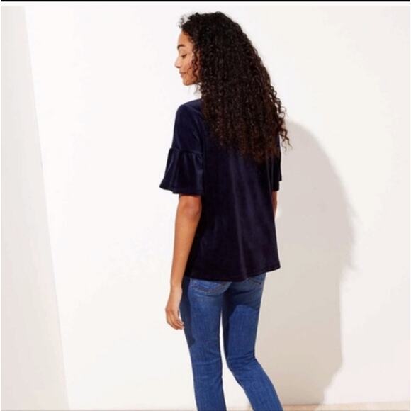 Ann Taylor Velvet Ruffle Sleeve Blue Top Crew Neck Holiday Party Work XS NWT - Picture 7 of 13